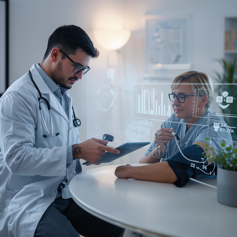 Doctor reviewing value-based care contracts on laptop with patient data dashboard